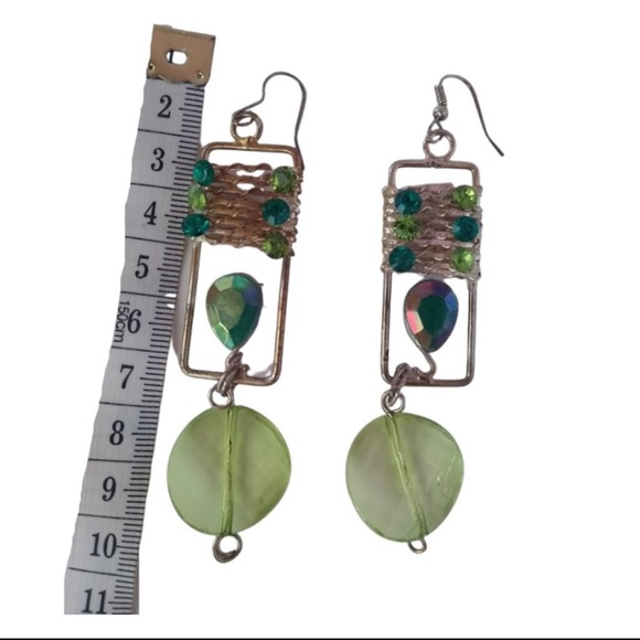 “Caged Tear” Green Abstract Geometric Teardrop Wire-Wrap Artisan Handmade Dangle - Picture 6 of 7